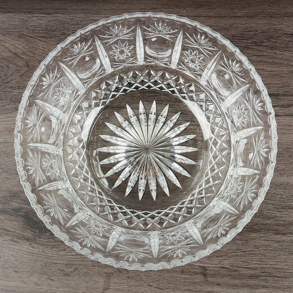 VTG American Brilliant Cut Glass Bowl Hobstar & Starburst 9" Heavy Lead Crystal